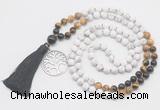 GMN6308 Knotted matte white howlite & mixed gemstone 108 beads mala necklace with tassel & charm