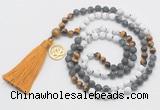 GMN6309 Knotted matte white howlite & black labradorite 108 beads mala necklace with tassel & charm