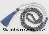 GMN6310 Knotted black labradorite & matte white howlite 108 beads mala necklace with tassel & charm