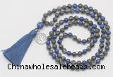 GMN6312 Knotted black labradorite & lapis lazuli 108 beads mala necklace with tassel & charm