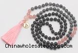 GMN6317 Knotted matte black agate, black labradorite & rose quartz 108 beads mala necklace with tassel & charm