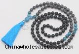 GMN6318 Knotted matte black agate, black labradorite & apatite 108 beads mala necklace with tassel & charm