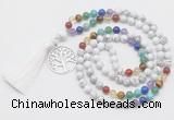 GMN6321 Knotted 7 Chakra white howlite 108 beads mala necklace with tassel & charm