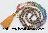 GMN6324 Knotted 7 Chakra 8mm, 10mm yellow tiger eye 108 beads mala necklace with tassel & charm
