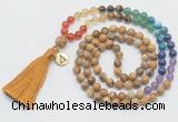 GMN6325 Knotted 7 Chakra picture jasper 108 beads mala necklace with tassel & charm