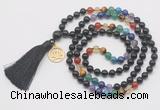 GMN6327 Knotted 7 Chakra black obsidian 108 beads mala necklace with tassel & charm