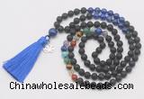 GMN6328 Knotted 7 Chakra black lava & lapis lazuli 108 beads mala necklace with tassel & charm