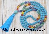 GMN6340 Knotted 7 Chakra 8mm, 10mm turquoise 108 beads mala necklace with tassel
