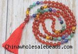 GMN6341 Knotted 7 Chakra 8mm, 10mm red agate 108 beads mala necklace with tassel