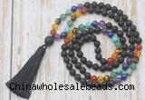 GMN6343 Knotted 7 Chakra 8mm, 10mm black lava 108 beads mala necklace with tassel
