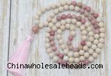 GMN6350 Knotted 8mm, 10mm white fossil jasper & pink wooden jasper 108 beads mala necklace with tassel