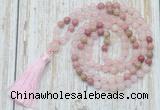 GMN6351 Knotted 8mm, 10mm rose quartz & pink wooden jasper 108 beads mala necklace with tassel