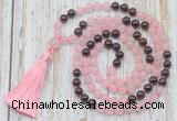 GMN6352 Knotted 8mm, 10mm rose quartz & garnet 108 beads mala necklace with tassel