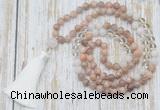 GMN6354 Knotted 8mm, 10mm sunstone, white crystal & white jade 108 beads mala necklace with tassel