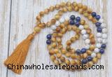 GMN6357 Knotted 8mm, 10mm golden tiger eye, lapis lazuli & matte white howlite 108 beads mala necklace with tassel