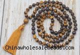 GMN6358 Knotted 8mm, 10mm yellow tiger eye, garnet & smoky quartz 108 beads mala necklace with tassel