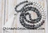 GMN6359 Knotted 8mm, 10mm snowflake obsidian, garnet & matte white howlite 108 beads mala necklace with tassel