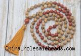 GMN6360 Knotted 8mm, 10mm picture jasper & red jasper 108 beads mala necklace with tassel