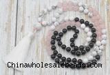 GMN6362 Knotted 8mm, 10mm black agate, rose quartz & white howlite 108 beads mala necklace with tassel