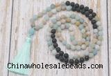 GMN6363 Knotted 8mm, 10mm matte amazonite & black lava 108 beads mala necklace with tassel