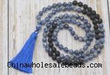 GMN6364 Knotted 8mm, 10mm blue spot stone & black lava 108 beads mala necklace with tassel