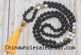 GMN6368 Knotted 8mm, 10mm black lava, matte white howlite & golden tiger eye 108 beads mala necklace with tassel