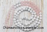 GMN6402 Hand-knotted 8mm, 10mm rose quartz & white howlite 108 beads mala necklaces