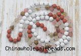 GMN6405 Hand-knotted 8mm, 10mm white howlite, cherry quartz & red jasper 108 beads mala necklaces