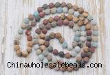 GMN6406 Hand-knotted 8mm, 10mm matte mixed amazonite & jasper 108 beads mala necklaces
