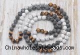 GMN6409 Hand-knotted 8mm, 10mm matte white howlite & black labradorite 108 beads mala necklaces