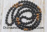 GMN6415 Hand-knotted 8mm, 10mm black lava & yellow tiger eye 108 beads mala necklaces