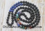 GMN6428 Hand-knotted 7 Chakra 8mm, 10mm black lava & lapis lazuli 108 beads mala necklaces