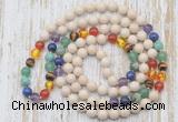 GMN6435 Hand-knotted 7 Chakra 8mm, 10mm white fossil jasper 108 beads mala necklaces
