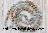 GMN6444 Hand-knotted 8mm, 10mm matte amazonite & picture jasper 108 beads mala necklaces