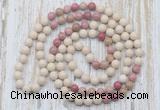GMN6450 Hand-knotted 8mm, 10mm white fossil jasper & pink wooden jasper 108 beads mala necklaces