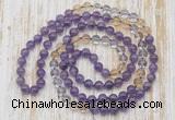 GMN6453 Hand-knotted 8mm, 10mm amethyst, citrine & white crystal 108 beads mala necklaces