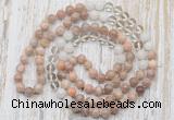 GMN6454 Hand-knotted 8mm, 10mm sunstone, white crystal & white jade 108 beads mala necklaces