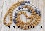 GMN6457 Knotted 8mm, 10mm golden tiger eye, lapis lazuli & matte white howlite 108 beads mala necklaces