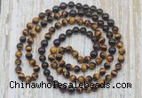 GMN6458 Knotted 8mm, 10mm yellow tiger eye, garnet & smoky quartz 108 beads mala necklaces