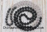 GMN6467 Knotted 8mm, 10mm black labradorite, matte rose quartz  & black agate 108 beads mala necklaces