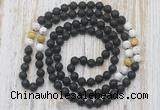 GMN6468 Knotted 8mm, 10mm black lava, matte white howlite & golden tiger eye 108 beads mala necklaces