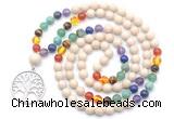 GMN6480 Knotted 7 Chakra 8mm, 10mm white fossil jasper 108 beads mala necklace with charm