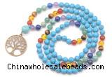 GMN6485 Knotted 7 Chakra 8mm, 10mm turquoise 108 beads mala necklace with charm