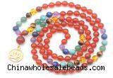GMN6486 Knotted 7 Chakra 8mm, 10mm red agate 108 beads mala necklace with charm