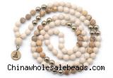 GMN6491 Knotted 8mm, 10mm white fossil jasper & picture jasper 108 beads mala necklace with charm