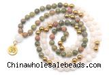 GMN6495 Knotted 8mm, 10mm unakite, white jade & hematite 108 beads mala necklace with charm