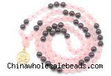 GMN6498 Knotted 8mm, 10mm rose quartz & garnet 108 beads mala necklace with charm