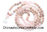 GMN6501 Knotted 8mm, 10mm sunstone, rose quartz & white jade 108 beads mala necklace with charm