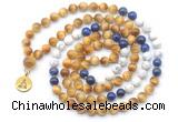 GMN6503 Knotted 8mm, 10mm golden tiger eye, lapis lazuli & matte white howlite 108 beads mala necklace with charm