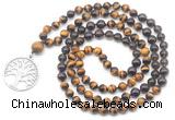 GMN6504 Knotted 8mm, 10mm yellow tiger eye, garnet & smoky quartz 108 beads mala necklace with charm